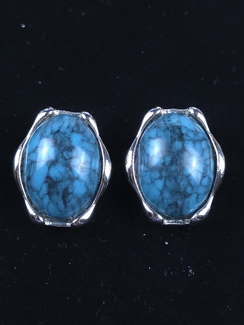Vintage Faux Turquoise Silver Tone Clip On Earrings Southwestern Style